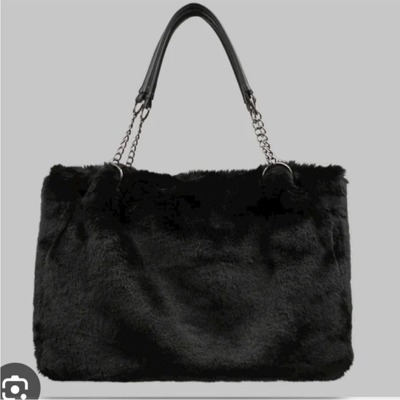 EXPRESSIONS NYC black faux fur broome st chain tote bag - Picture 1 of 7